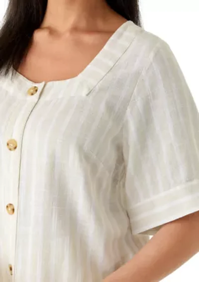 Women's Elbow Sleeve Tie Front Striped Shirt