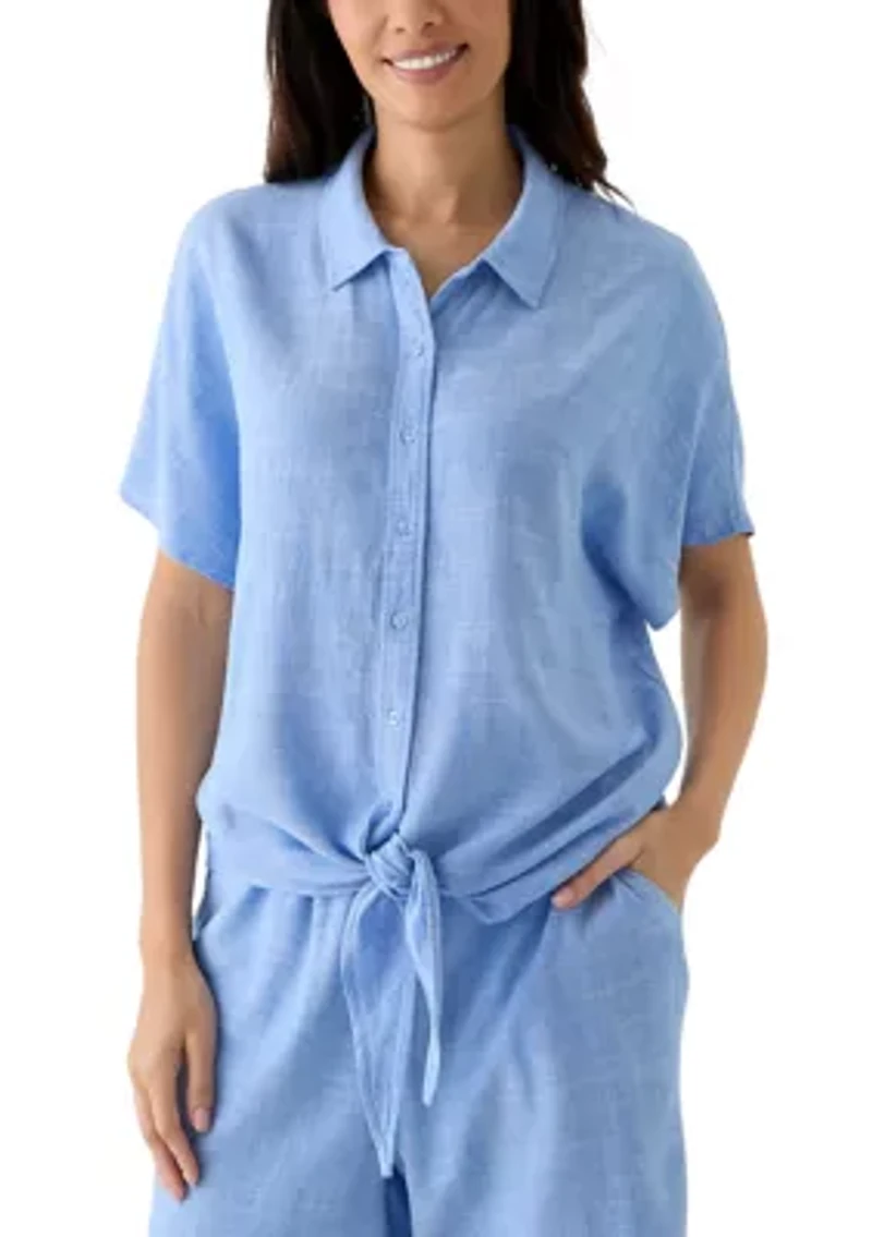 Women's Short Sleeve Tie Front Cross Dyed Shirt
