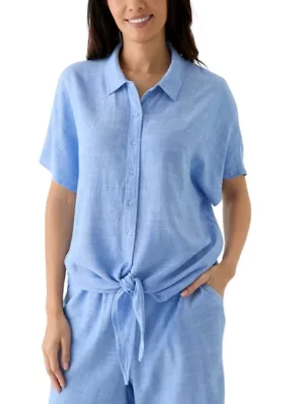 Women's Short Sleeve Tie Front Cross Dyed Shirt