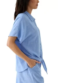 Women's Short Sleeve Tie Front Cross Dyed Shirt