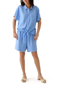Women's Short Sleeve Tie Front Cross Dyed Shirt