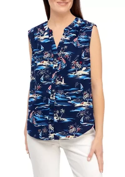 Petite Sleeveless Printed Woven Linen Blouse