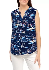 Petite Sleeveless Printed Woven Linen Blouse