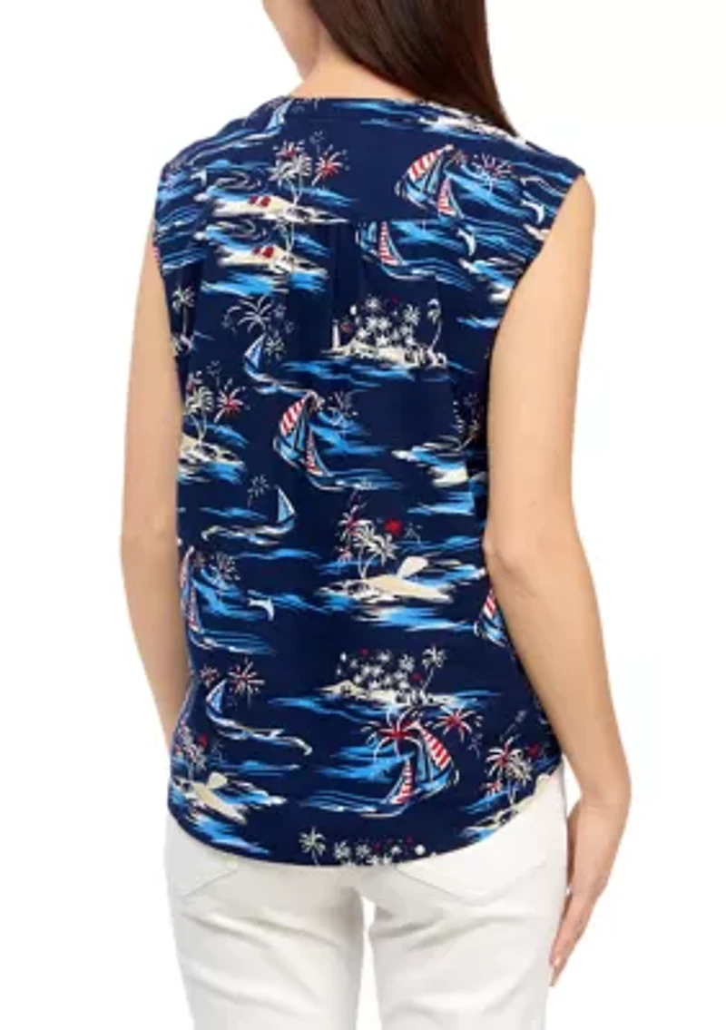 Petite Sleeveless Printed Woven Linen Blouse