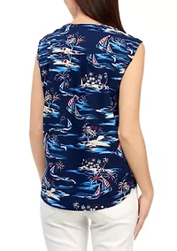 Petite Sleeveless Printed Woven Linen Blouse