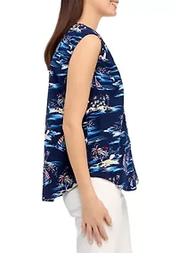 Petite Sleeveless Printed Woven Linen Blouse
