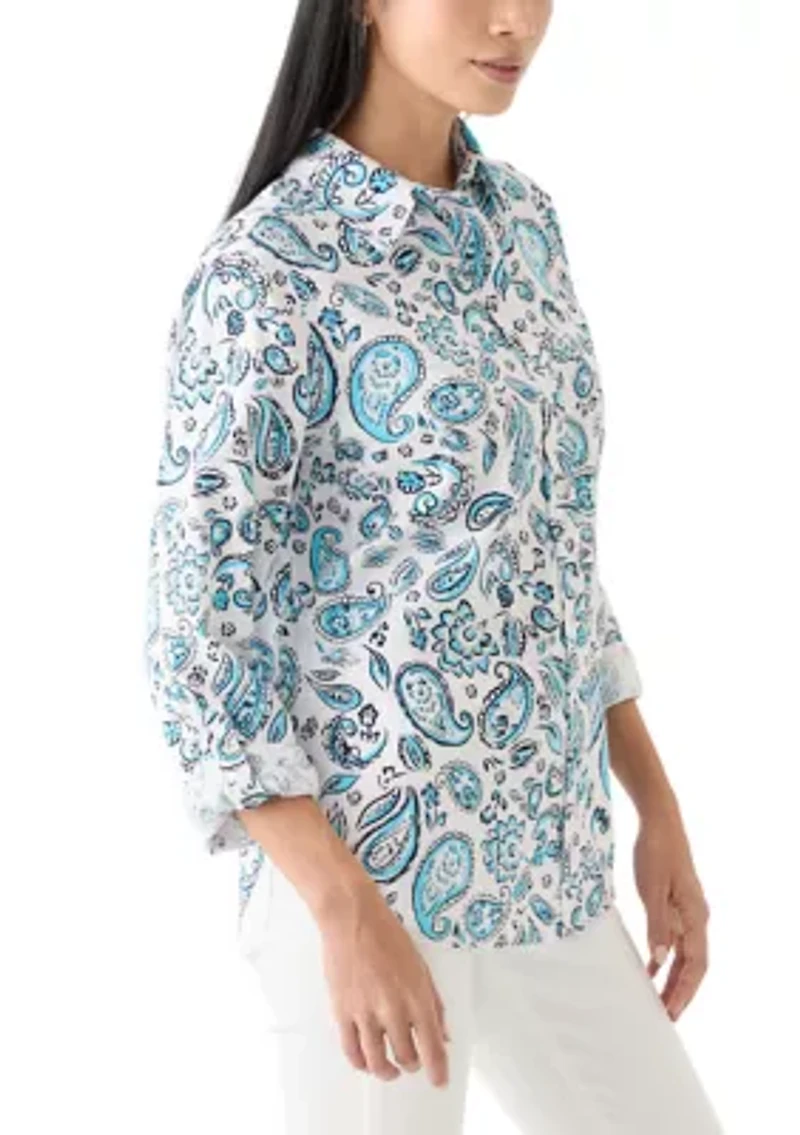 Petite Linen Blend Printed Boyfriend Shirt
