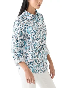Petite Linen Blend Printed Boyfriend Shirt
