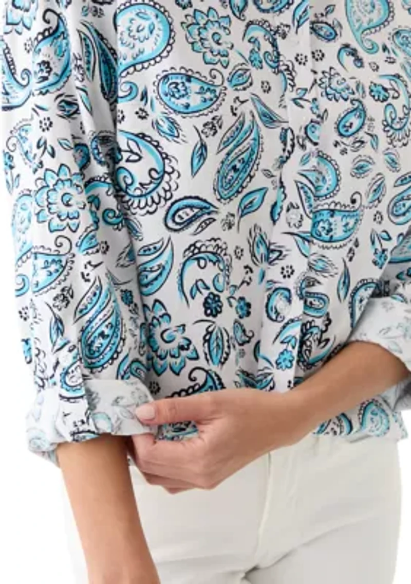 Petite Linen Blend Printed Boyfriend Shirt