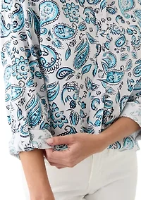 Petite Linen Blend Printed Boyfriend Shirt