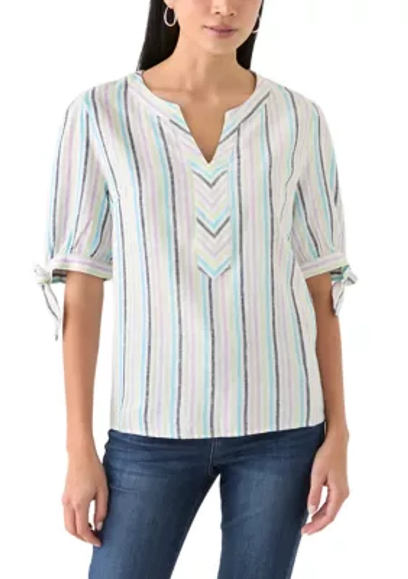 Petite Elbow Sleeve Tie Detail Linen Top