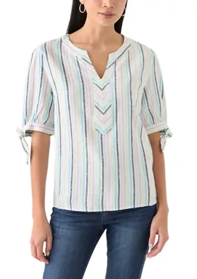 Petite Elbow Sleeve Tie Detail Linen Top