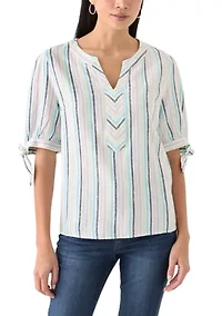 Petite Elbow Sleeve Tie Detail Linen Top