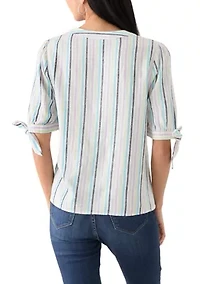 Petite Elbow Sleeve Tie Detail Linen Top