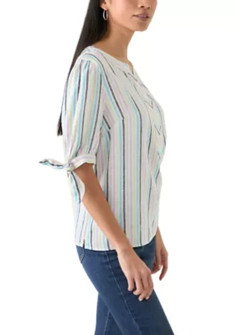 Petite Elbow Sleeve Tie Detail Linen Top