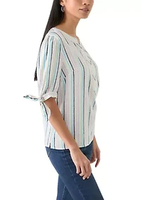 Petite Elbow Sleeve Tie Detail Linen Top