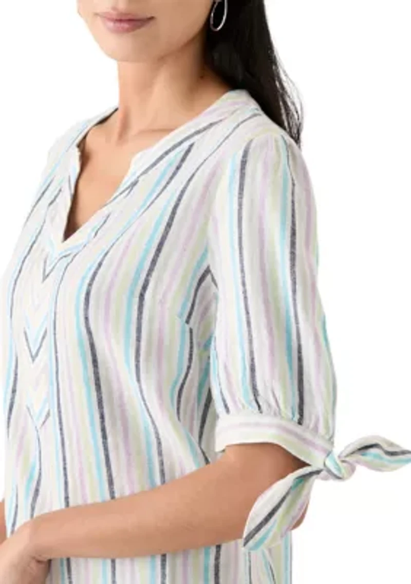 Petite Elbow Sleeve Tie Detail Linen Top