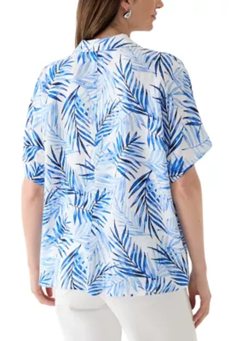 Petite Printed Button Down Tie Front Top