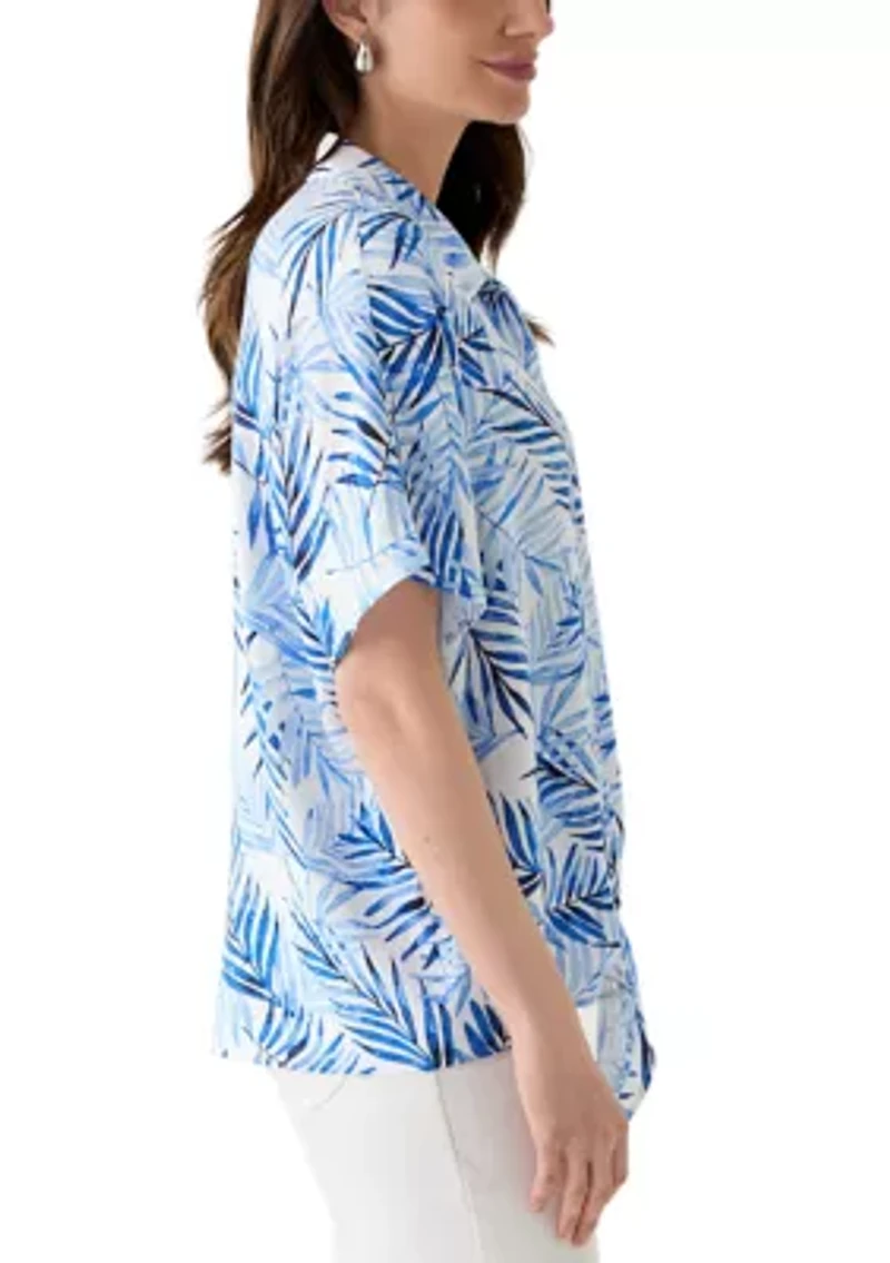 Petite Printed Button Down Tie Front Top