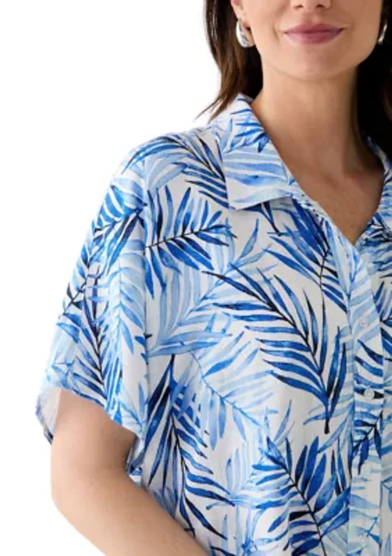 Petite Printed Button Down Tie Front Top