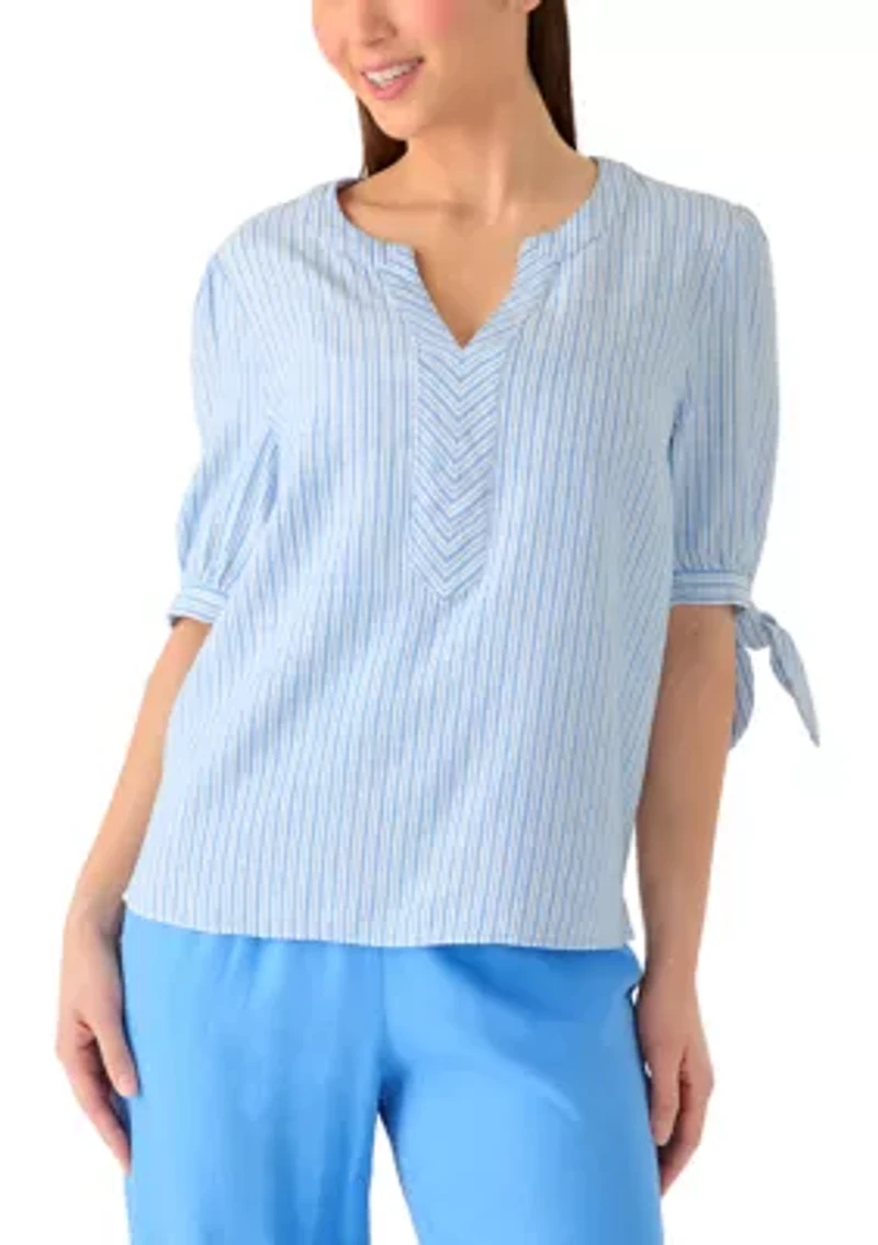 Petite Elbow Sleeve Tie Detail Linen Top