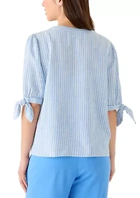 Petite Elbow Sleeve Tie Detail Linen Top