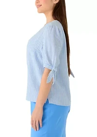 Petite Elbow Sleeve Tie Detail Linen Top