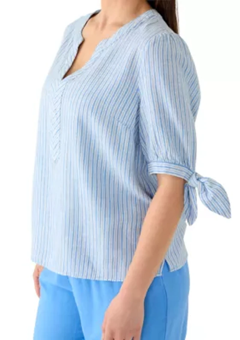 Petite Elbow Sleeve Tie Detail Linen Top