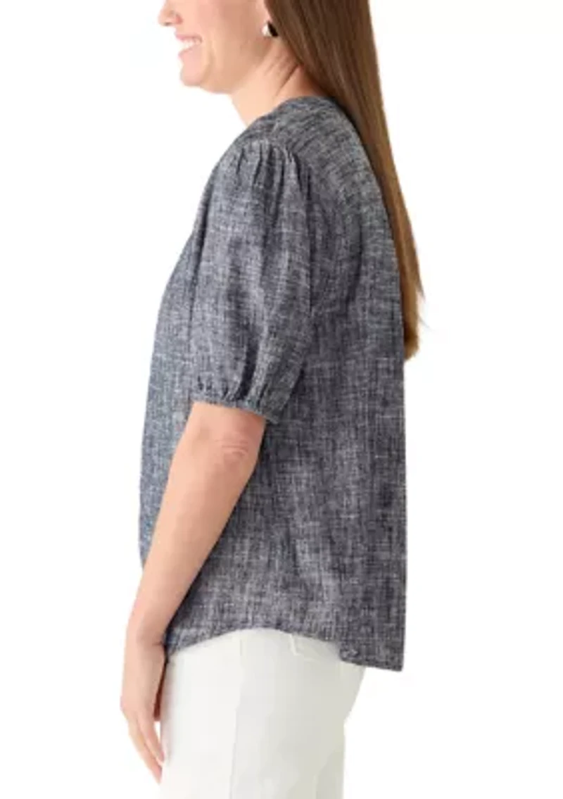 Petite Elbow Sleeve Linen Popover Top