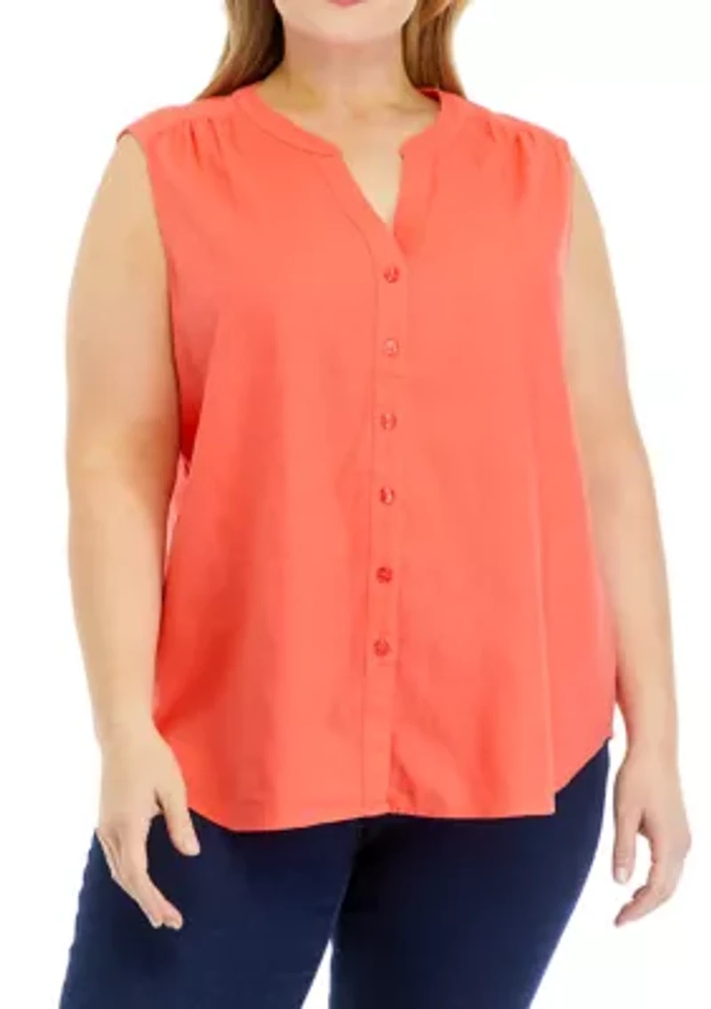 Plus Sleeveless Woven Linen Blouse