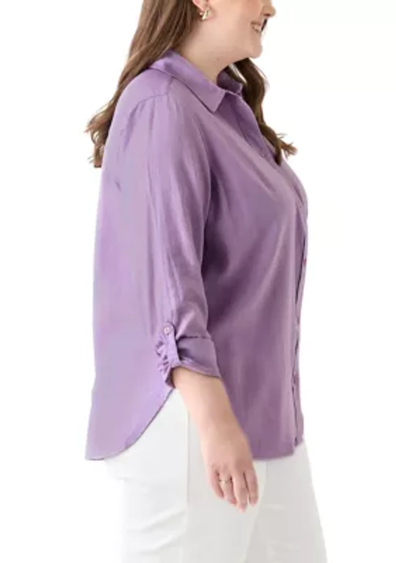 Plus Long Sleeve Linen Blend Shirt