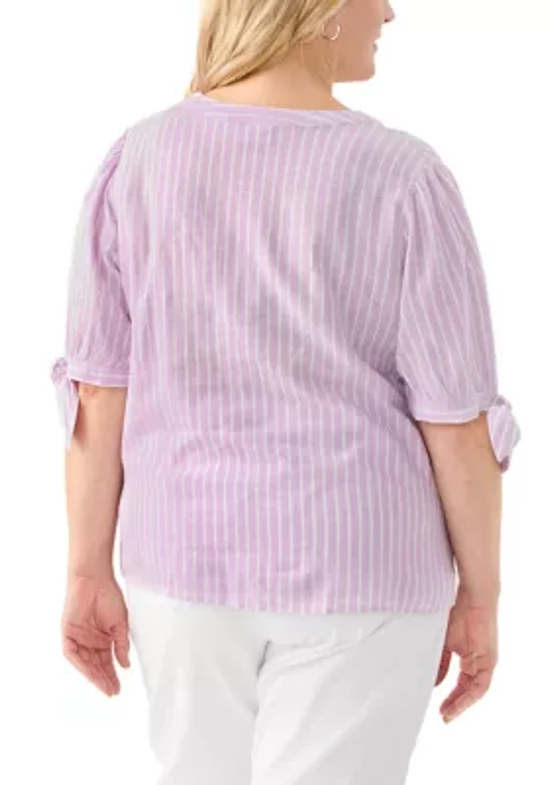 Plus Elbow Sleeve Tie Detail Linen Top