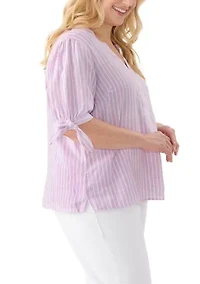Plus Elbow Sleeve Tie Detail Linen Top