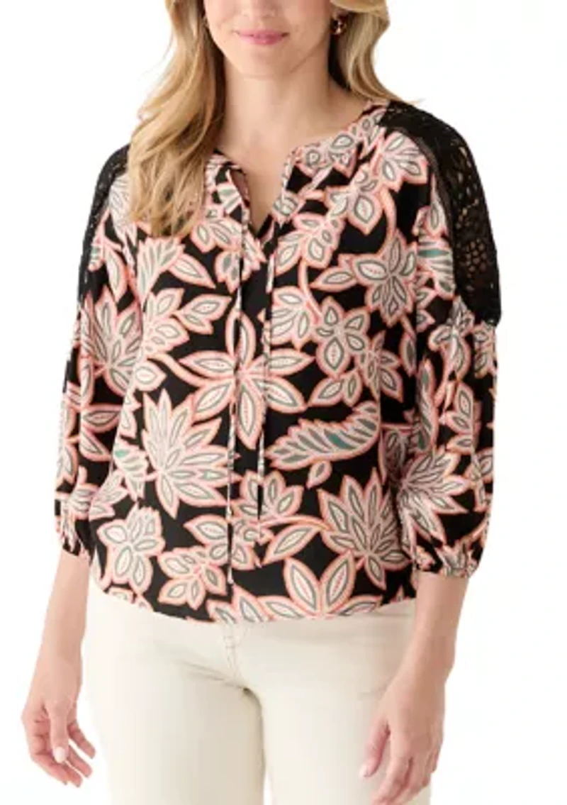 Women's 3/4 Lace Inset Sleeve Printed Blouse