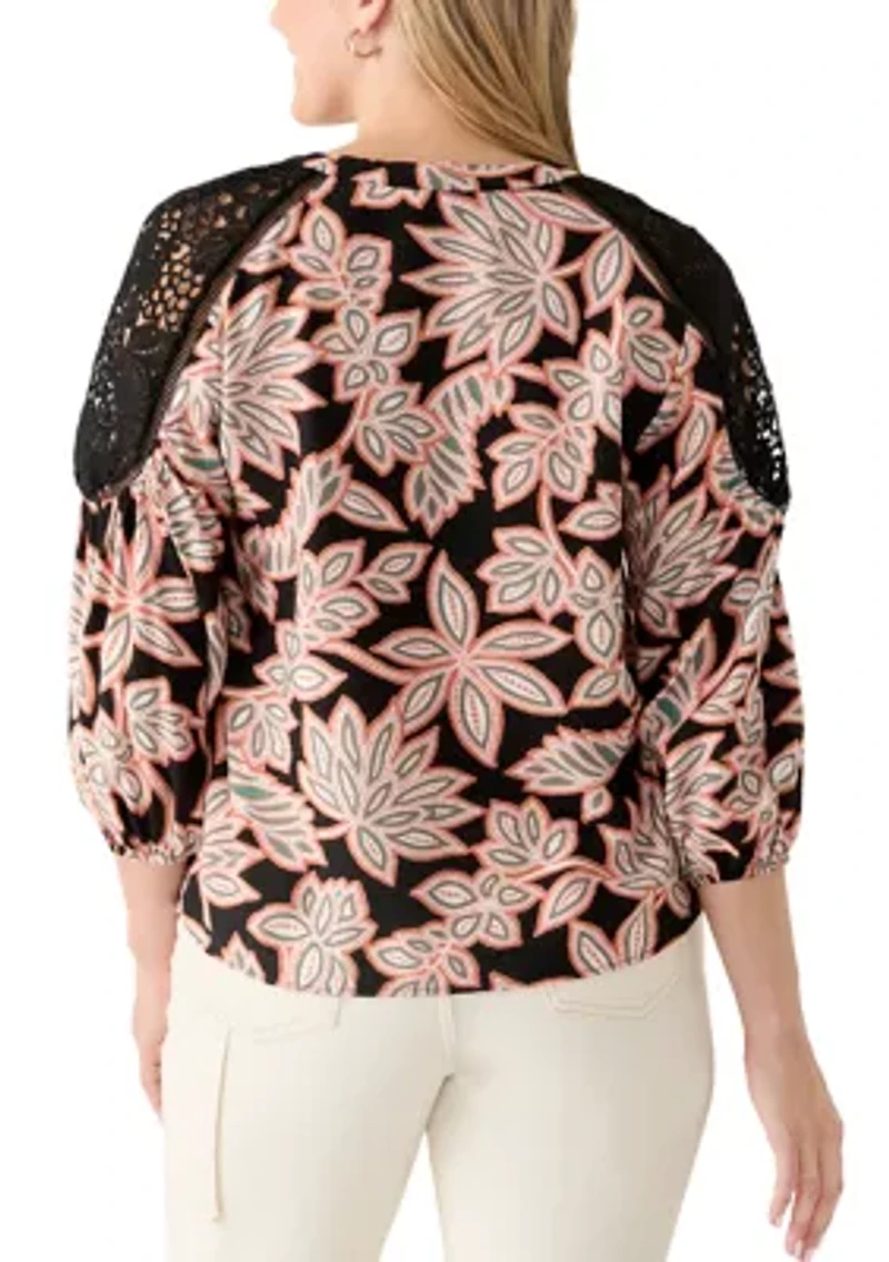 Women's 3/4 Lace Inset Sleeve Printed Blouse