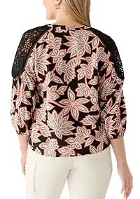 Women's 3/4 Lace Inset Sleeve Printed Blouse