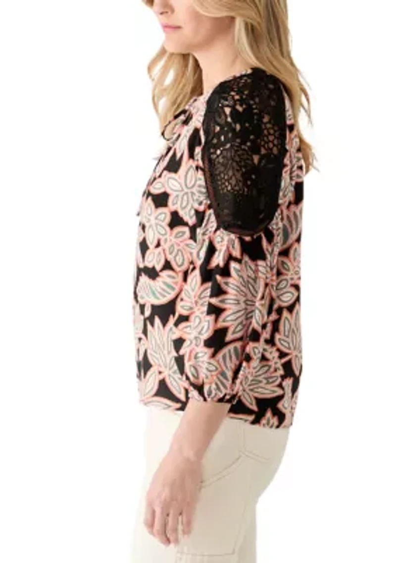 Women's 3/4 Lace Inset Sleeve Printed Blouse
