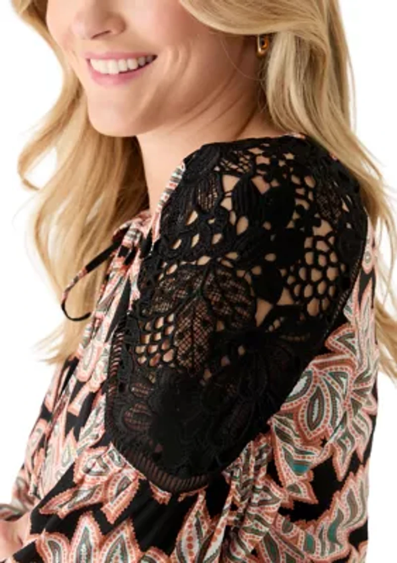 Women's 3/4 Lace Inset Sleeve Printed Blouse