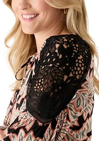 Women's 3/4 Lace Inset Sleeve Printed Blouse