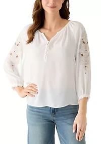 Women's Three Quarter Embroidered Sleeve Y Neck Blouse