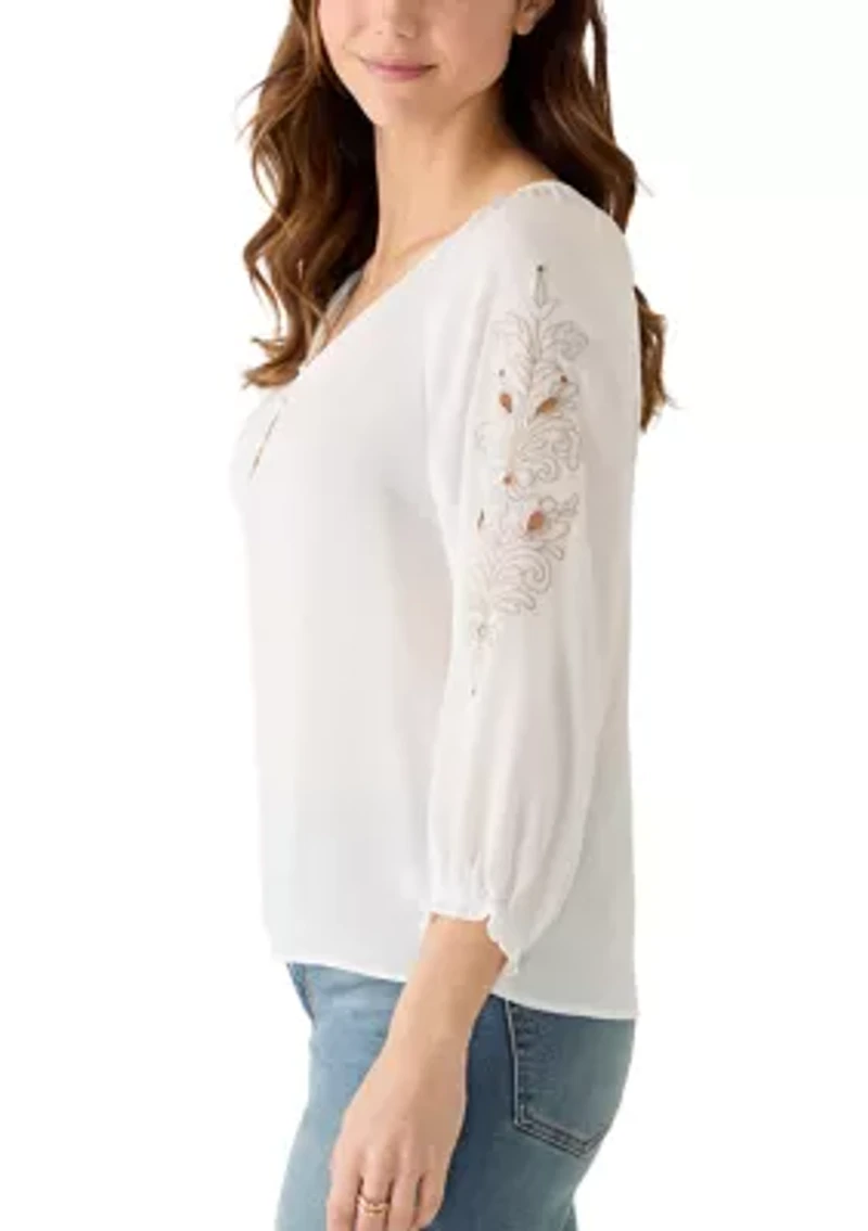 Women's Three Quarter Embroidered Sleeve Y Neck Blouse