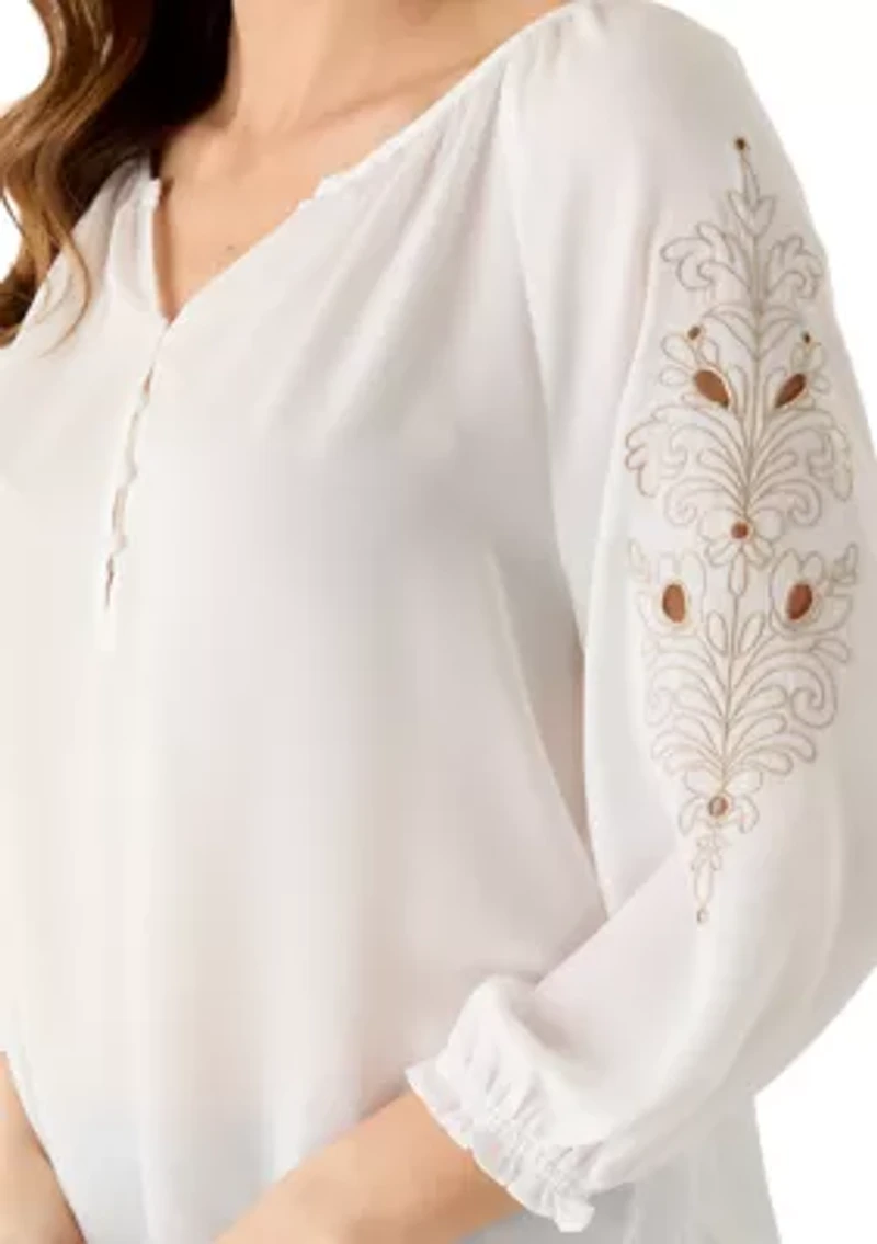 Women's Three Quarter Embroidered Sleeve Y Neck Blouse
