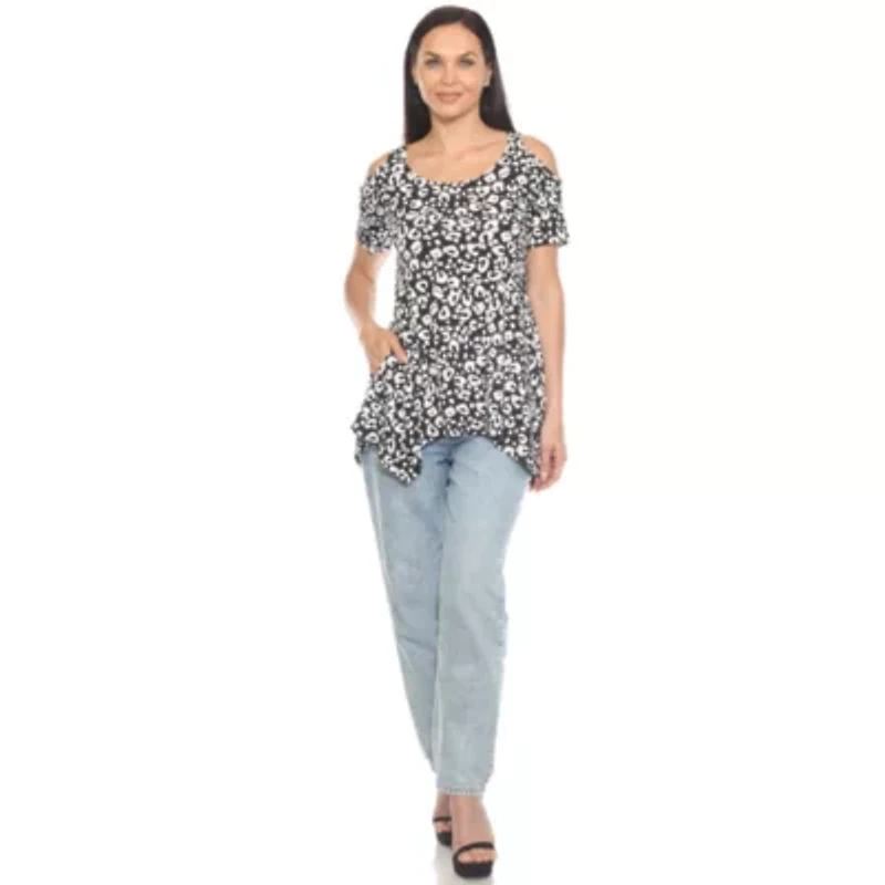 Women's Cold Shoulder Leopard Print Short Sleeve Tunic Top