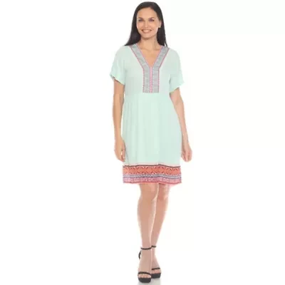 Women's Short Sleeve Embroidered V-Neck Shift Dress