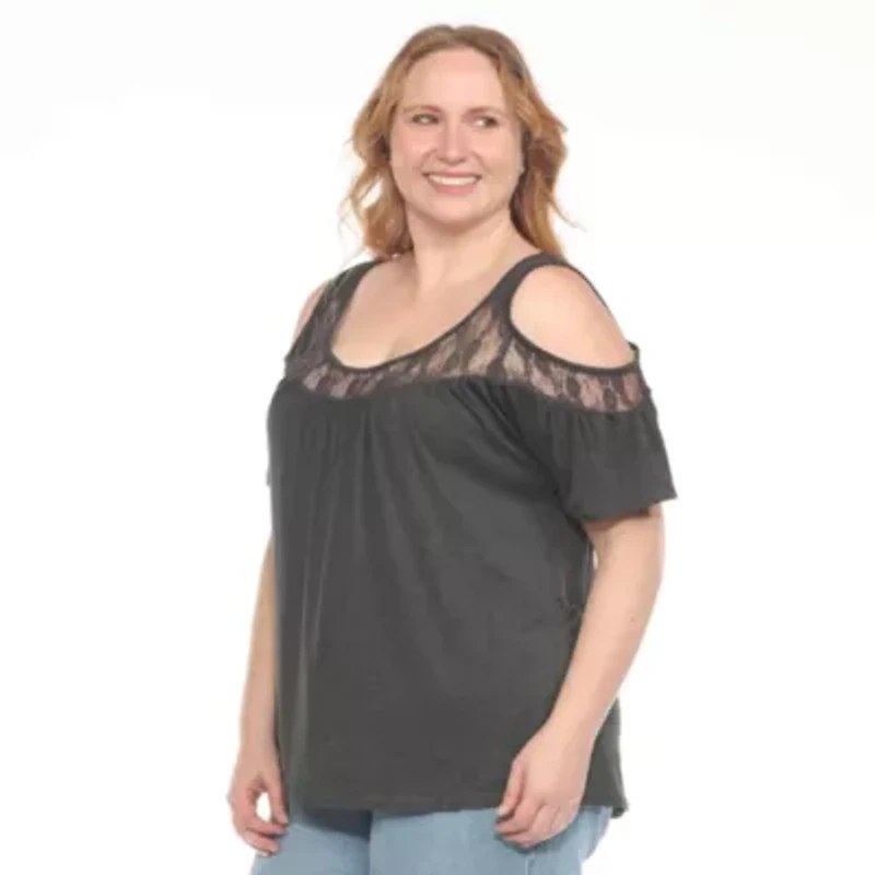 Plus Cold Shoulder Lace Trim Knit Top