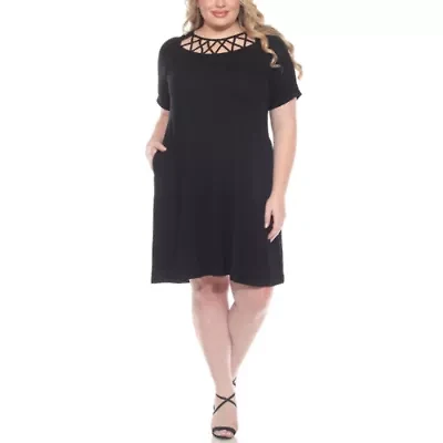 Plus Short Sleeve Criss-Cross Neck A-Line Dress