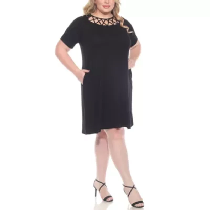 Plus Short Sleeve Criss-Cross Neck A-Line Dress