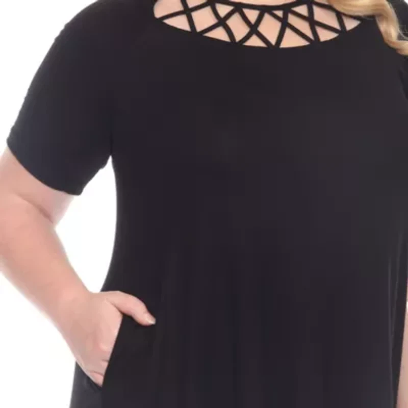Plus Short Sleeve Criss-Cross Neck A-Line Dress