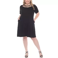 Plus Short Sleeve Criss-Cross Neck A-Line Dress