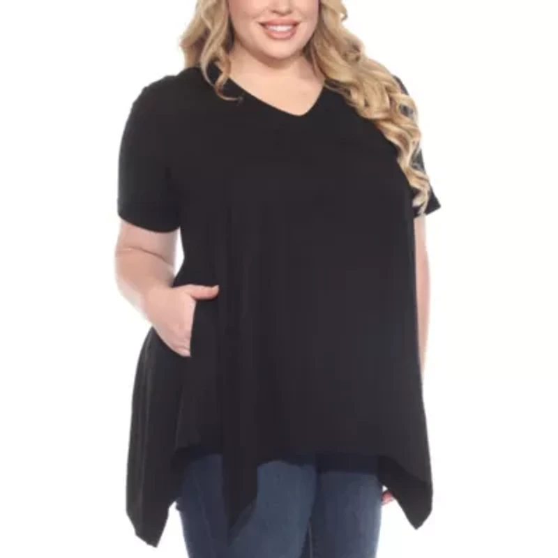 Plus Short Sleeve Shirred Front Knit Tunic Top with Pockets